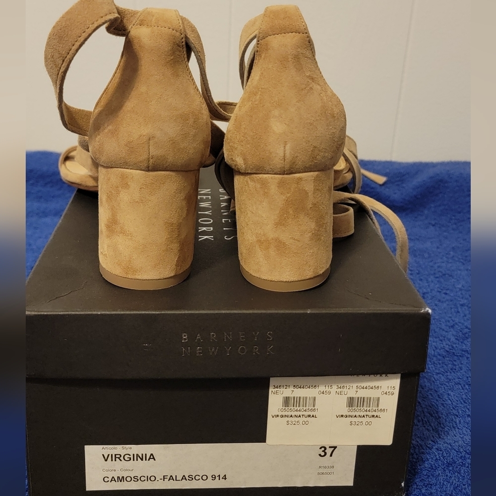Barneys NY Tan Suede Wrap Up Block Heel Sandals size 7 - Picture 3 of 7